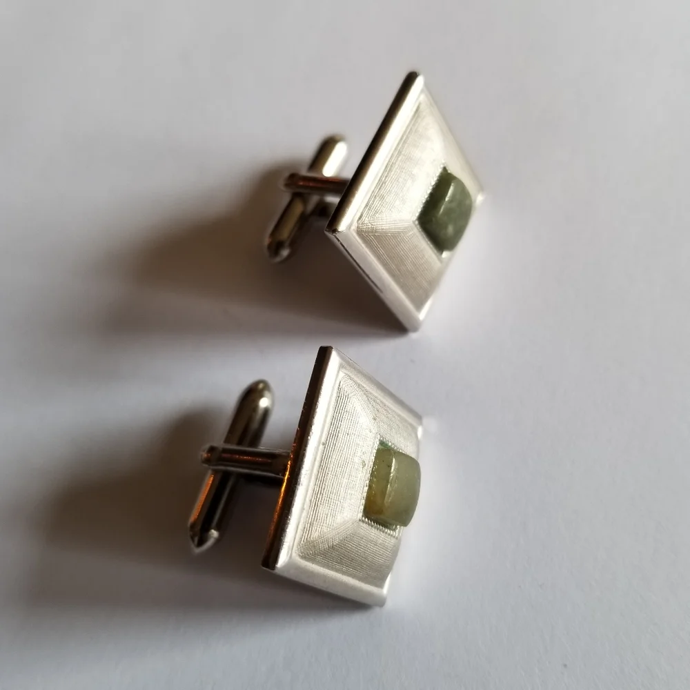 Vintage Swank cuff links silver tone square green stone cufflinks textured men